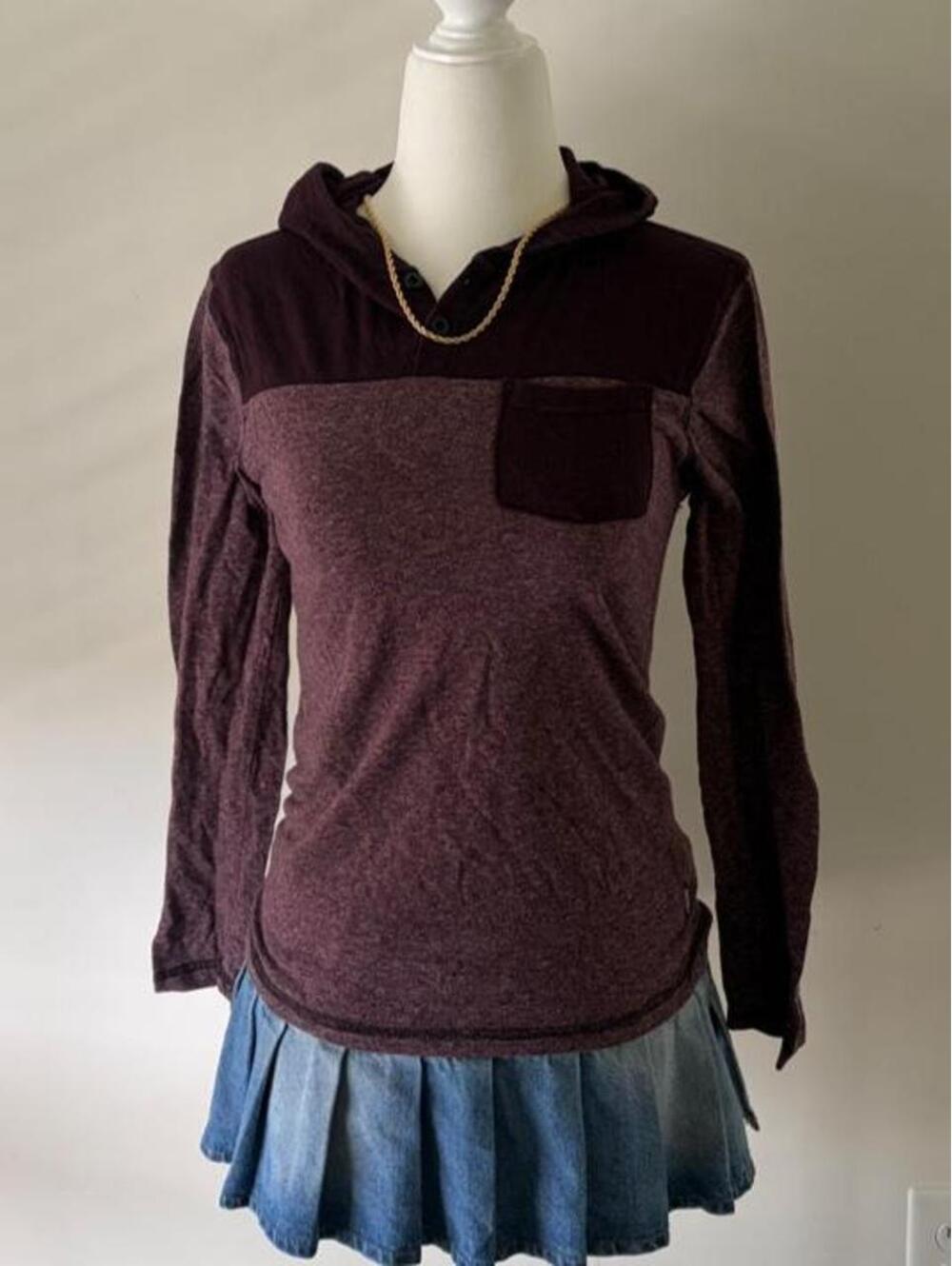 Y2K UNIVIBE Maroon Hooded Long Sleeve Top | Soft Grunge Indie Sleaze Pocket Tee
